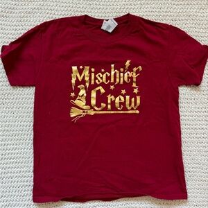 Custom Harry Potter Red Mischief Crew T-Shirt with Gold Print